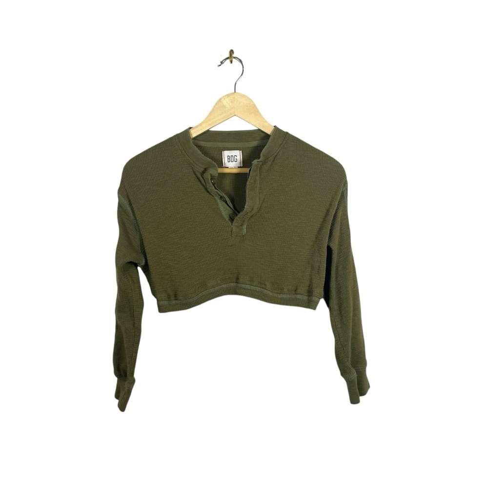 Urban Outfitters BDG Cropped Waffle Knit Henley in Olive Green Size XS